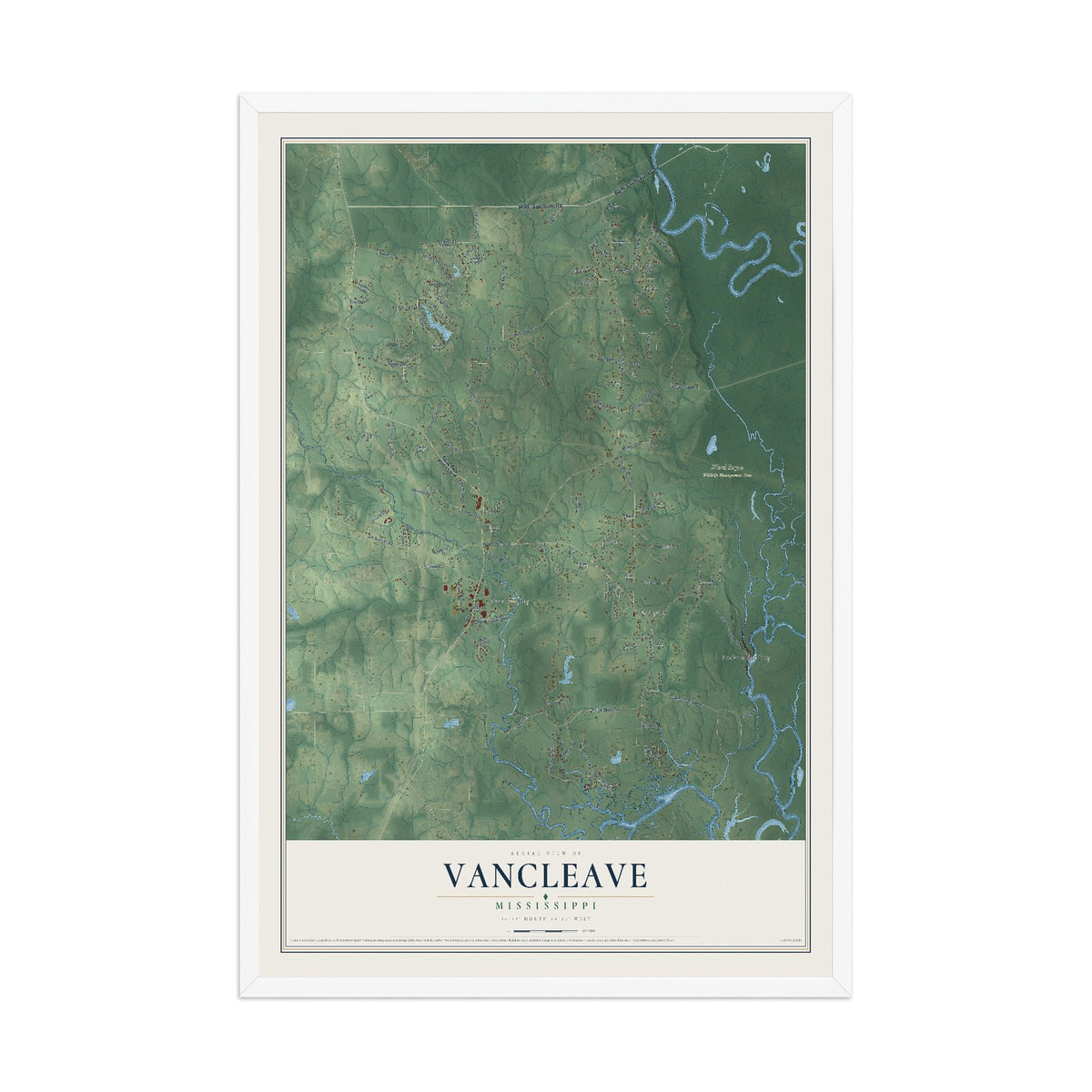 Map of Vancleave, Mississippi, 12 x 18 inch print in a white wood frame