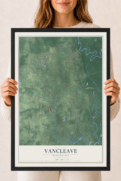 Map of Vancleave, Mississippi, 18 x 24 inch print in a black wood frame