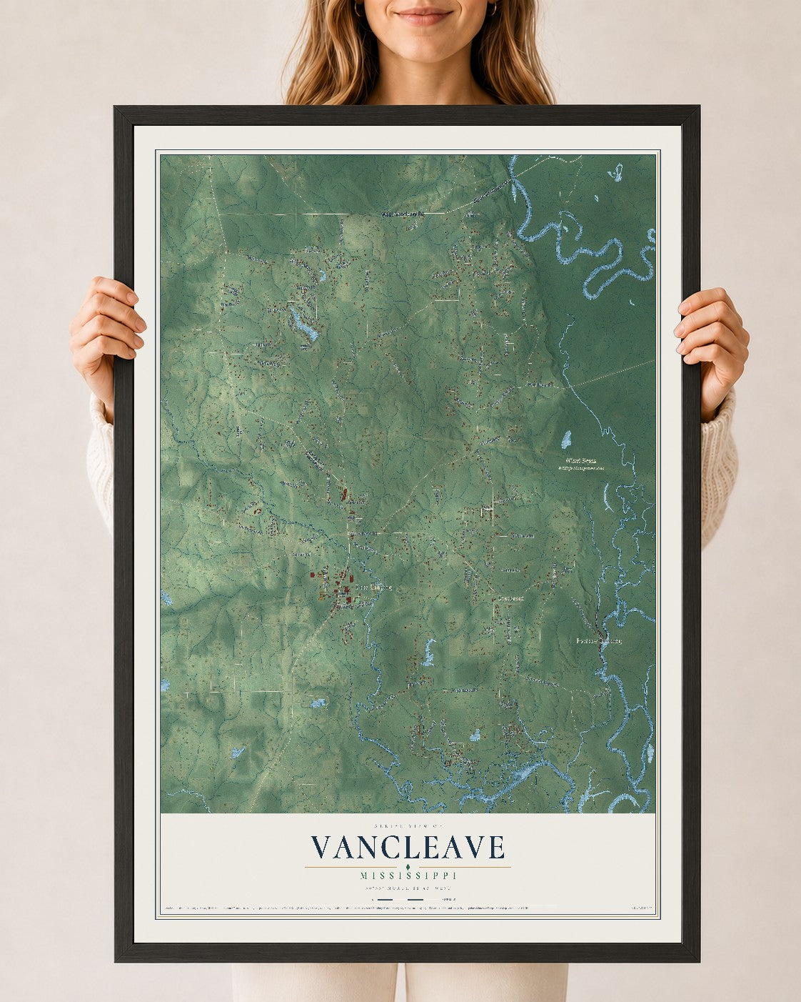 Map of Vancleave, Mississippi, 24 x 36 inch print in a black wood frame