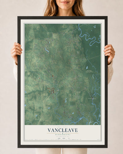 Map of Vancleave, Mississippi, 24 x 36 inch print in a black wood frame