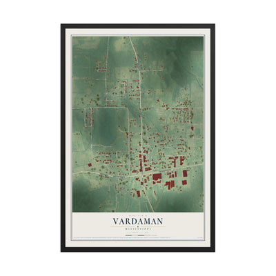Map of Vardaman, Mississippi, 12 x 18 inch print in a black wood frame