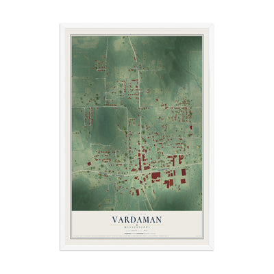 Map of Vardaman, Mississippi, 12 x 18 inch print in a white wood frame