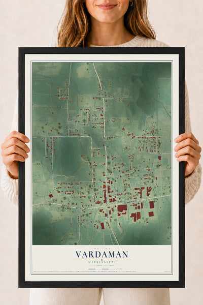 Map of Vardaman, Mississippi, 18 x 24 inch print in a black wood frame