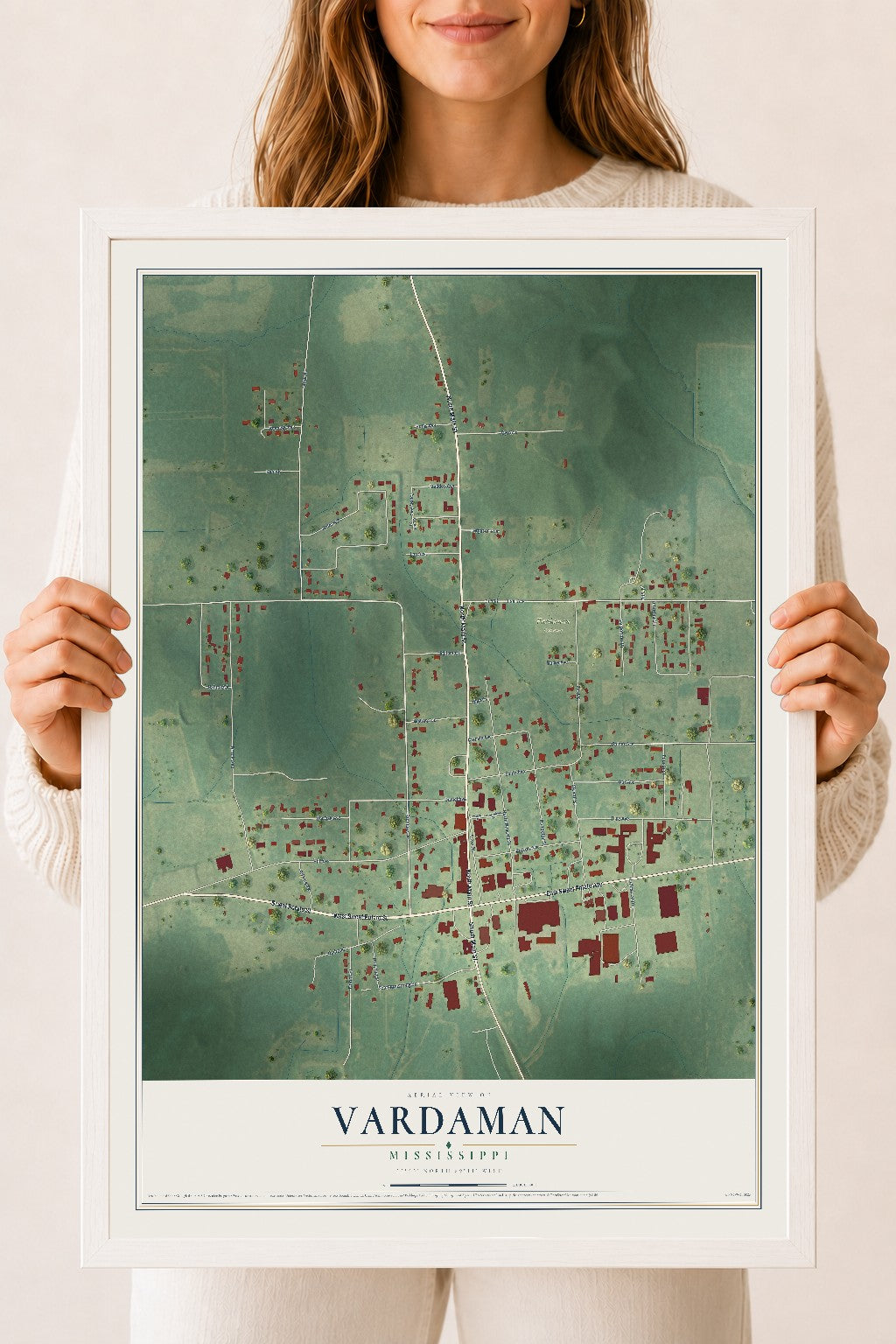 Map of Vardaman, Mississippi, 18 x 24 inch print in a white wood frame