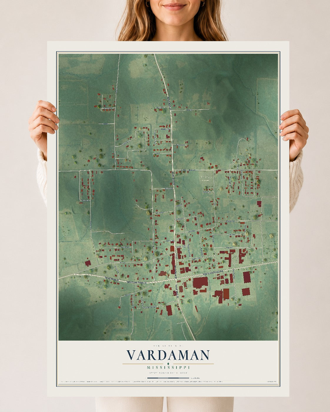 Map of Vardaman, Mississippi, 24 x 36 inch unframed archival matte print