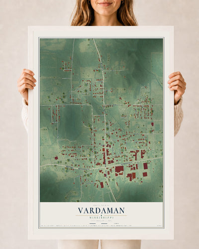 Map of Vardaman, Mississippi, 24 x 36 inch print in a white wood frame