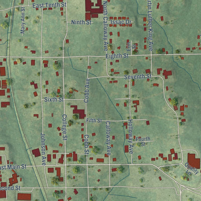 Close-up of the map of Verona, Mississippi print showing street and building detail