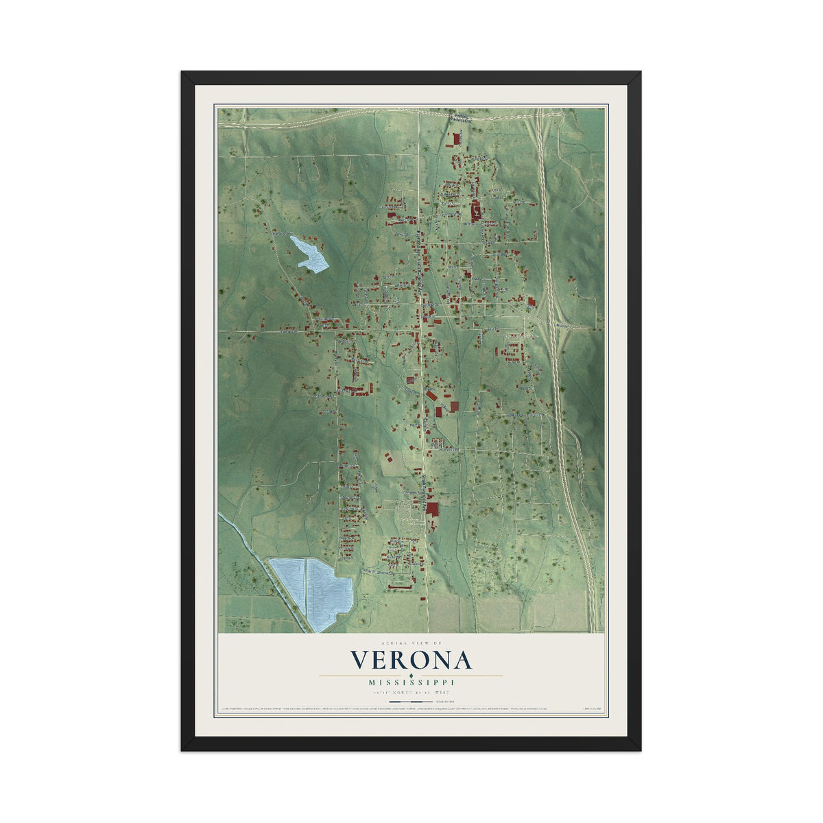Map of Verona, Mississippi, 12 x 18 inch print in a black wood frame