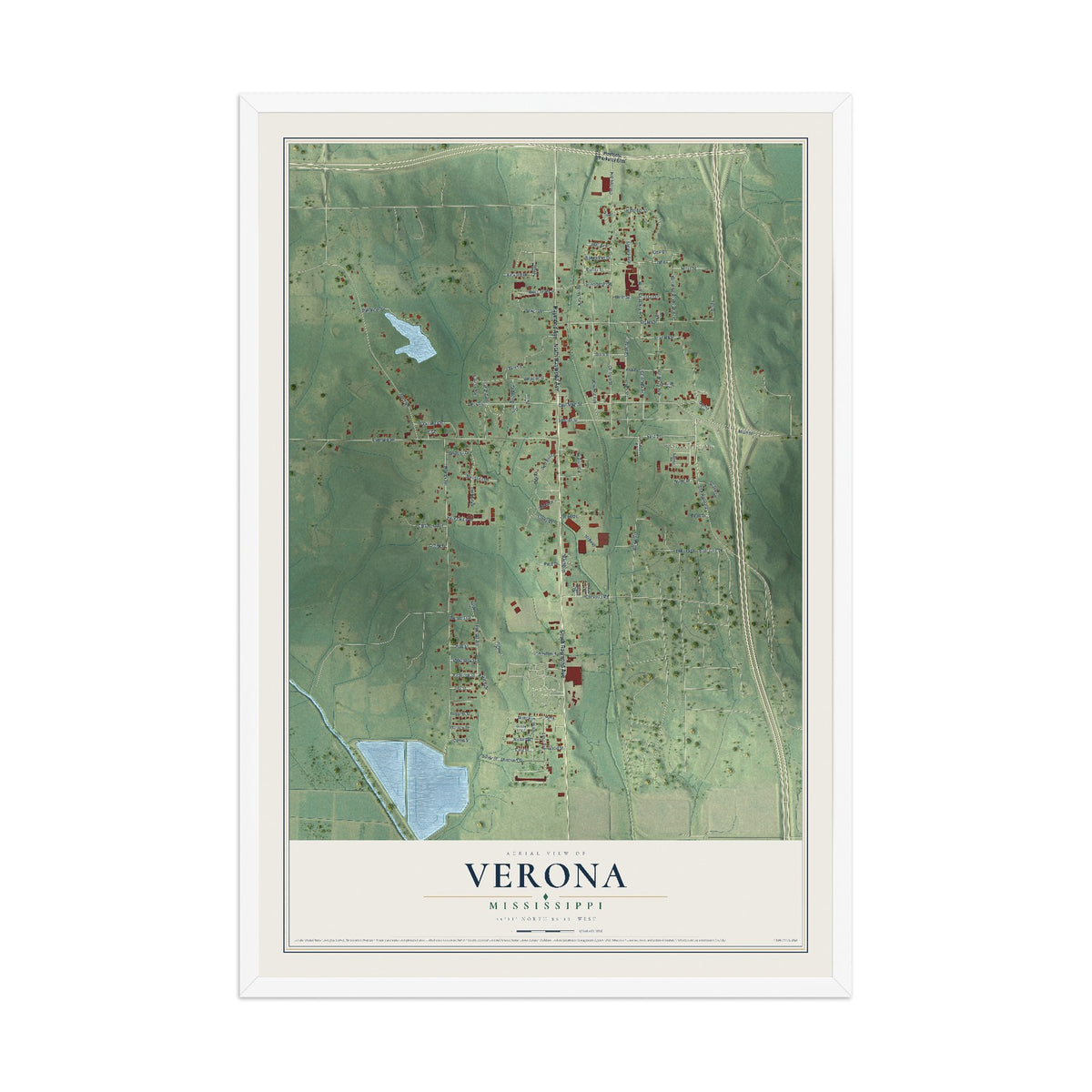 Map of Verona, Mississippi, 12 x 18 inch print in a white wood frame