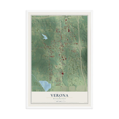 Map of Verona, Mississippi, 12 x 18 inch print in a white wood frame