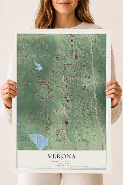 Map of Verona, Mississippi, 18 x 24 inch unframed archival matte print