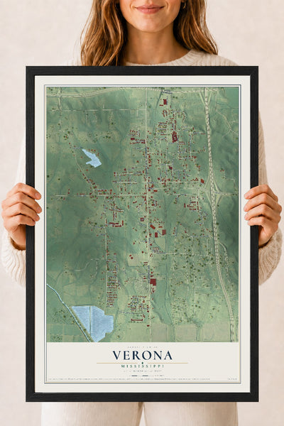 Map of Verona, Mississippi, 18 x 24 inch print in a black wood frame