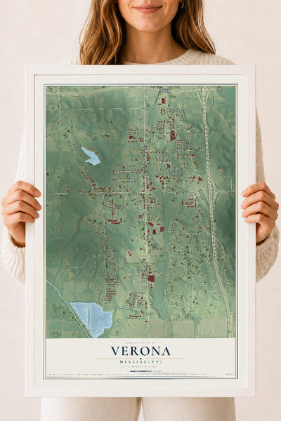 Map of Verona, Mississippi, 18 x 24 inch print in a white wood frame