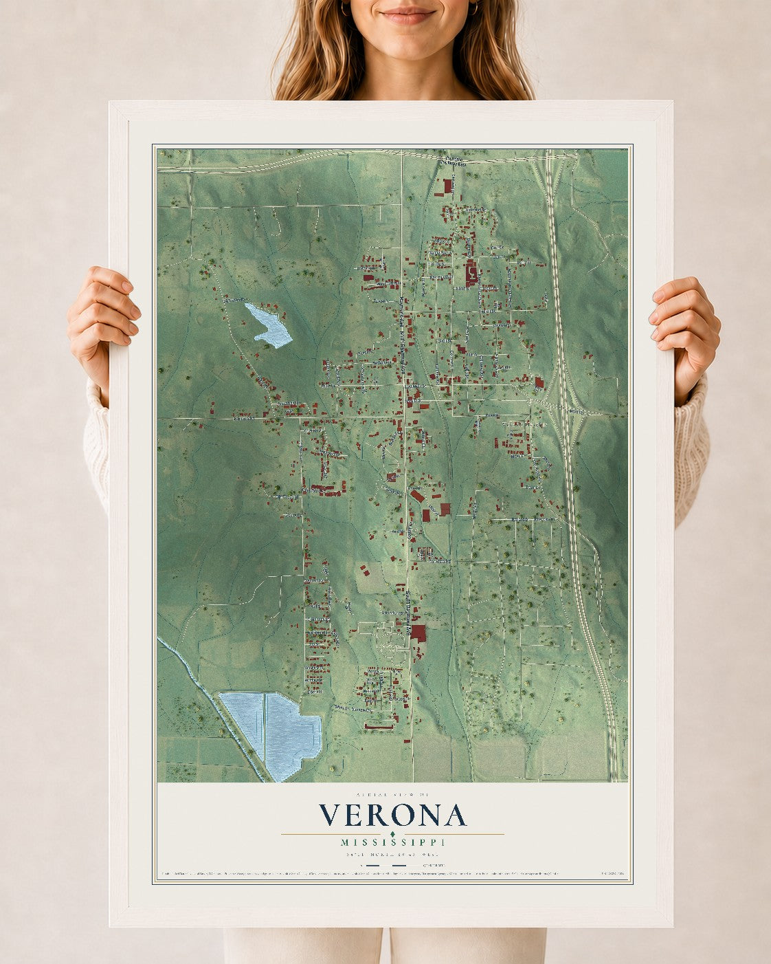 Map of Verona, Mississippi, 24 x 36 inch print in a white wood frame