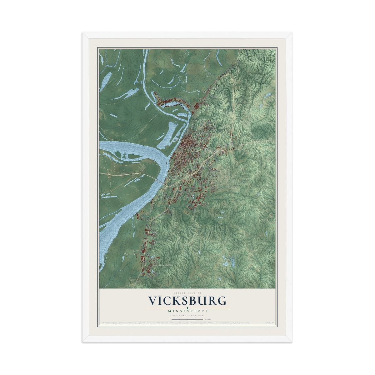 Map of Vicksburg, Mississippi, 12 x 18 inch print in a white wood frame