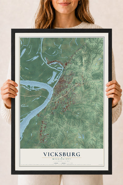 Map of Vicksburg, Mississippi, 18 x 24 inch print in a black wood frame