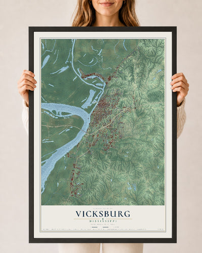Map of Vicksburg, Mississippi, 24 x 36 inch print in a black wood frame