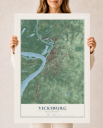 Map of Vicksburg, Mississippi, 24 x 36 inch print in a white wood frame