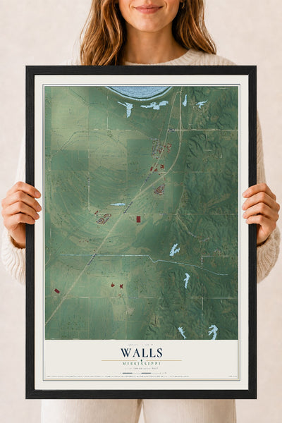 Map of Walls, Mississippi, 18 x 24 inch print in a black wood frame