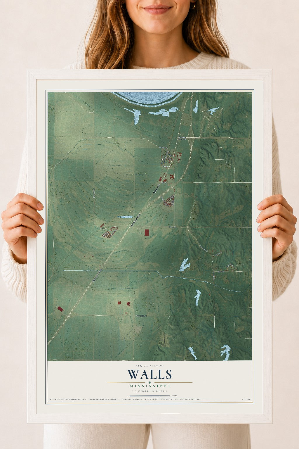 Map of Walls, Mississippi, 18 x 24 inch print in a white wood frame