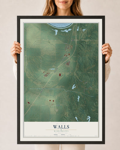 Map of Walls, Mississippi, 24 x 36 inch print in a black wood frame