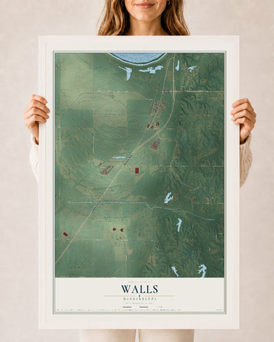 Map of Walls, Mississippi, 24 x 36 inch print in a white wood frame