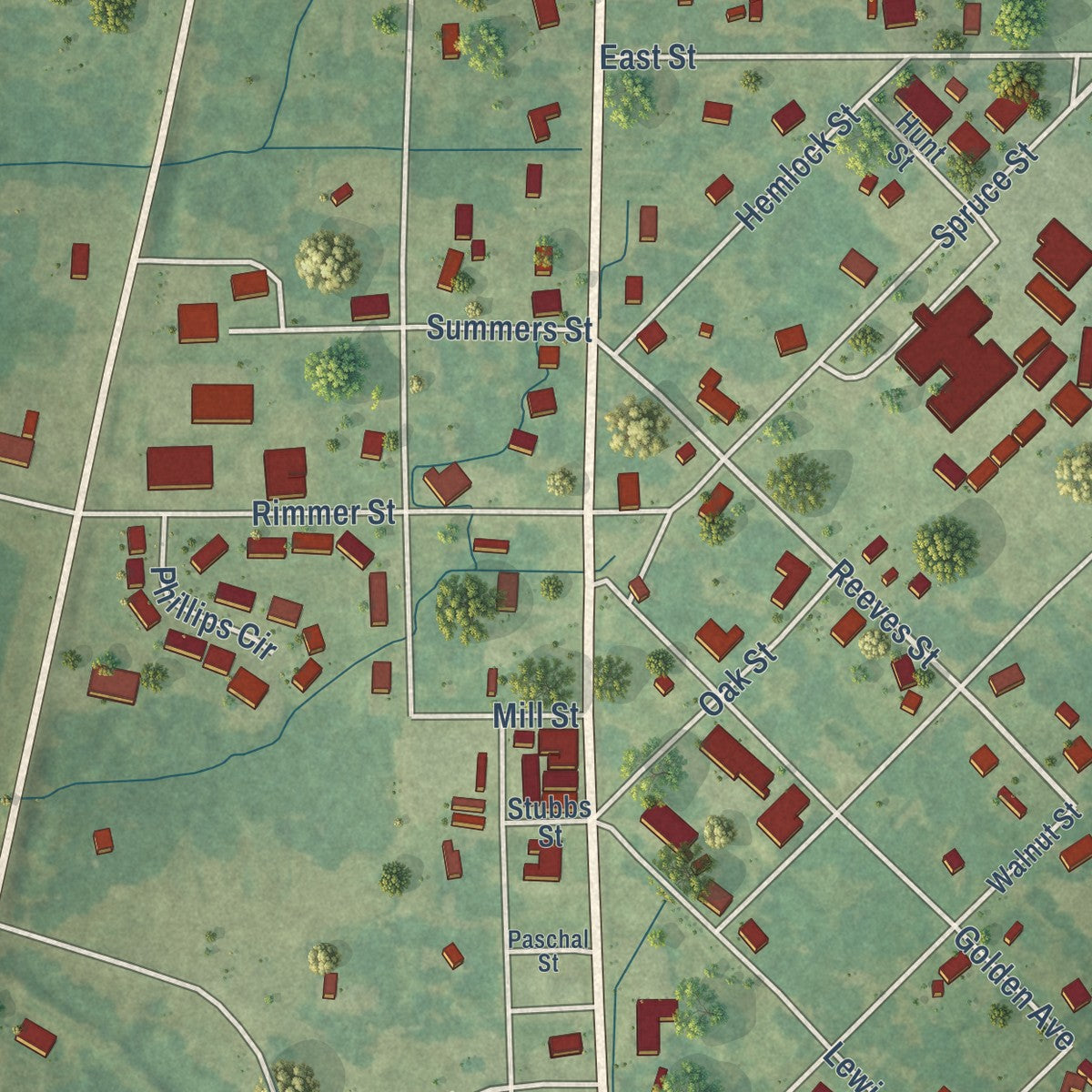 Close-up of the map of Walnut Grove, Mississippi print showing street and building detail
