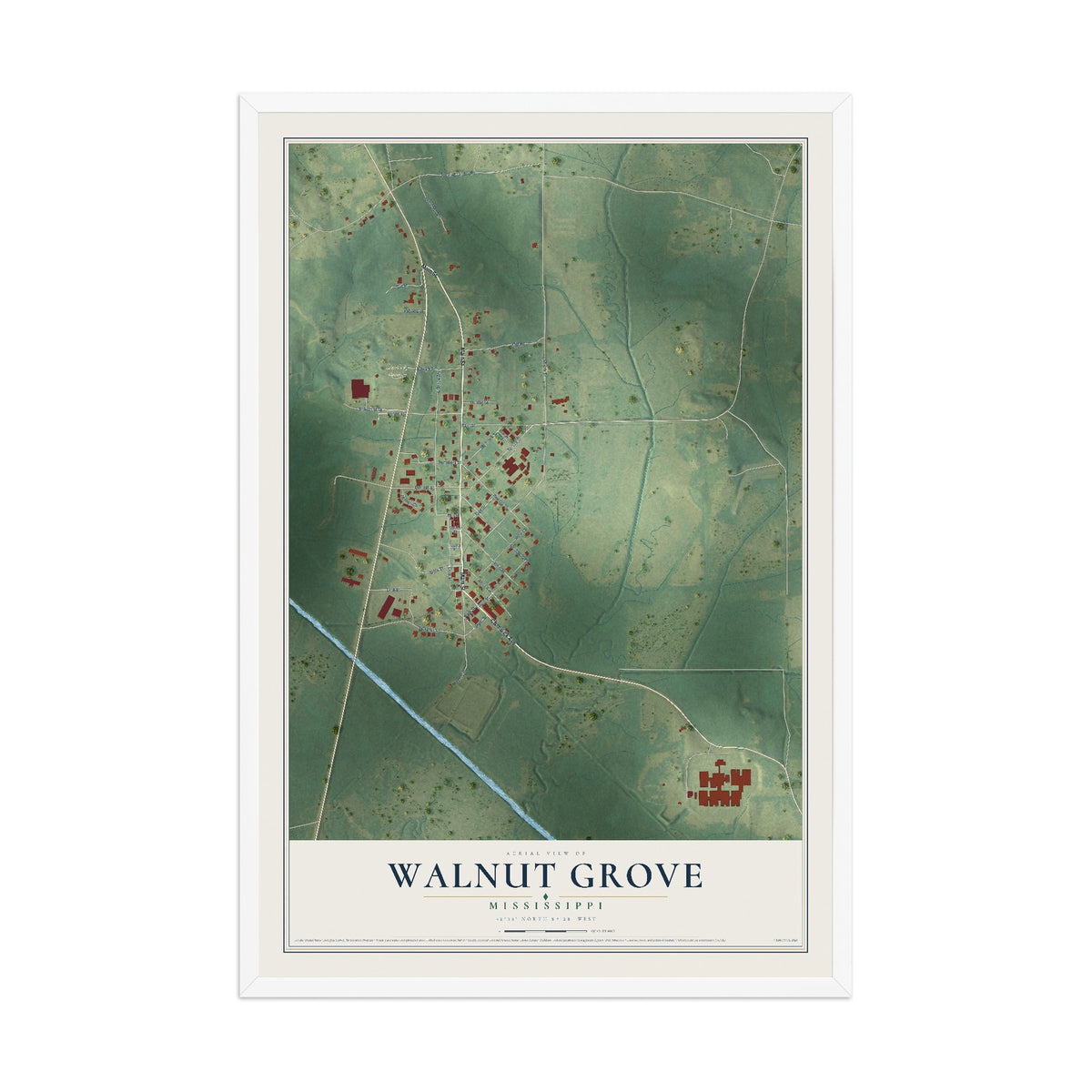 Map of Walnut Grove, Mississippi, 12 x 18 inch print in a white wood frame