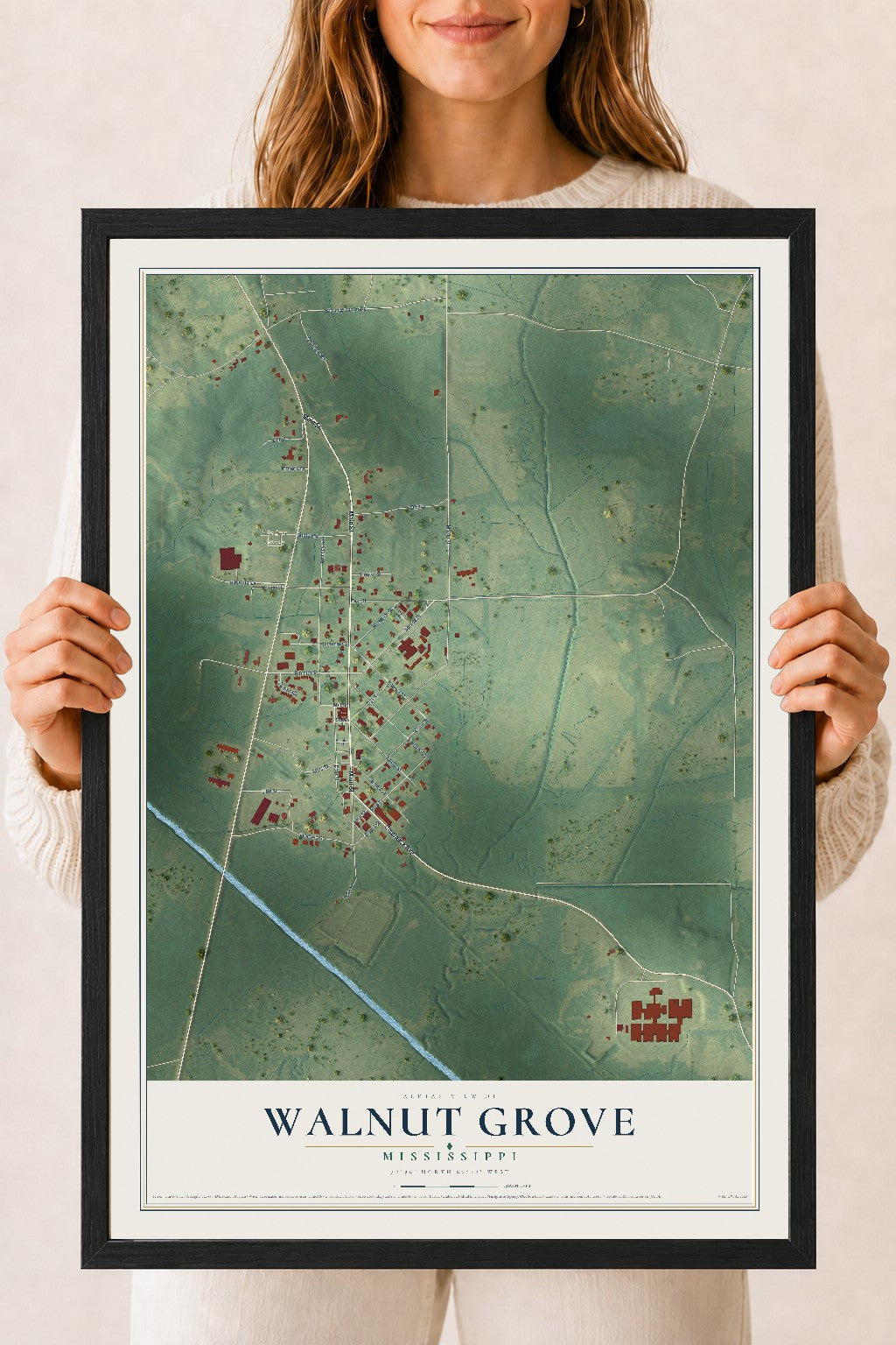 Map of Walnut Grove, Mississippi, 18 x 24 inch print in a black wood frame
