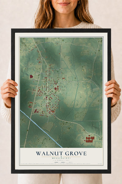 Map of Walnut Grove, Mississippi, 18 x 24 inch print in a black wood frame