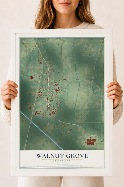 Map of Walnut Grove, Mississippi, 18 x 24 inch print in a white wood frame