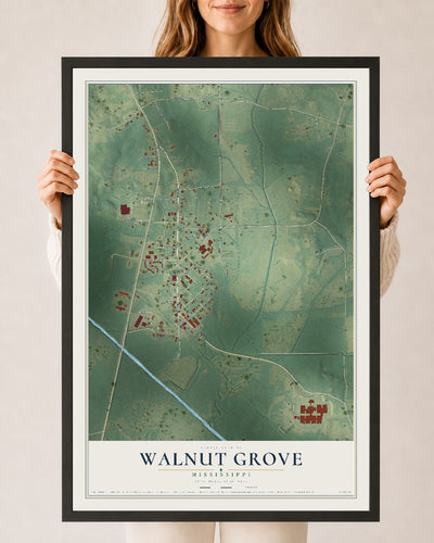 Map of Walnut Grove, Mississippi, 24 x 36 inch print in a black wood frame
