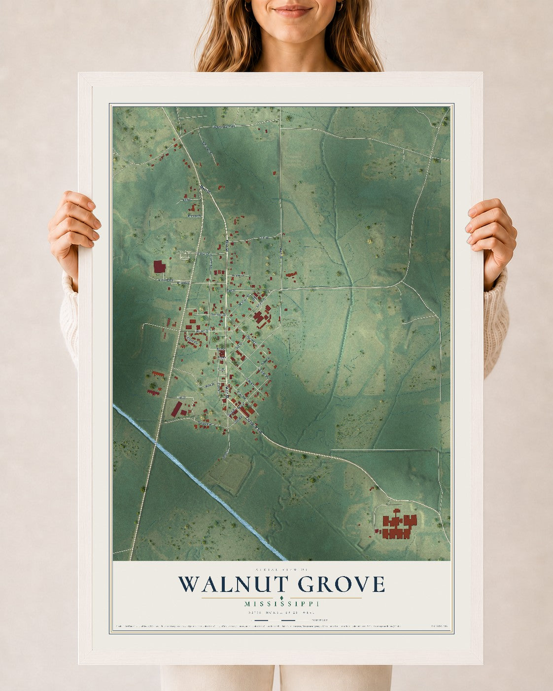 Map of Walnut Grove, Mississippi, 24 x 36 inch print in a white wood frame