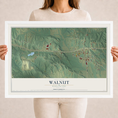 Map of Walnut, Mississippi, 18 x 24 inch print in a white wood frame