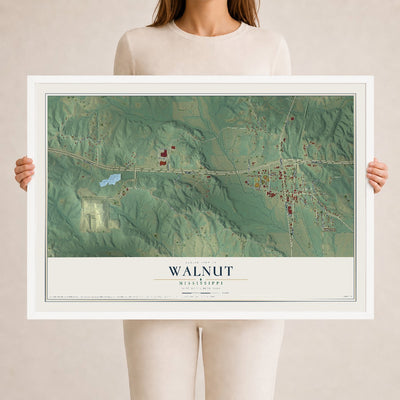 Map of Walnut, Mississippi, 24 x 36 inch print in a white wood frame