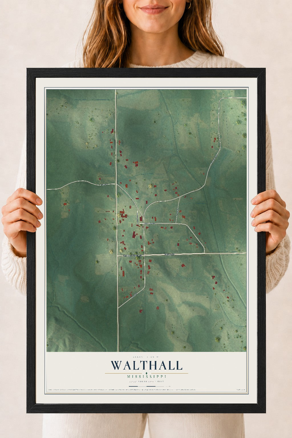 Map of Walthall, Mississippi, 18 x 24 inch print in a black wood frame