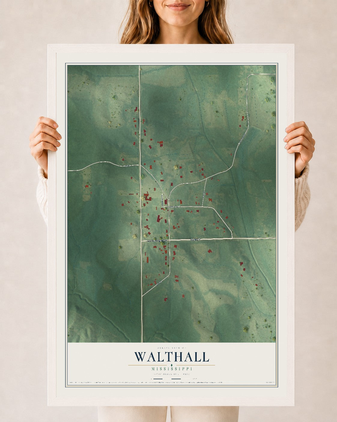 Map of Walthall, Mississippi, 24 x 36 inch print in a white wood frame