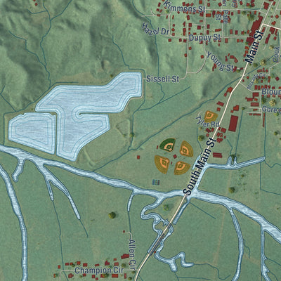 Second close-up of the map of Water Valley, Mississippi print showing more streets and buildings