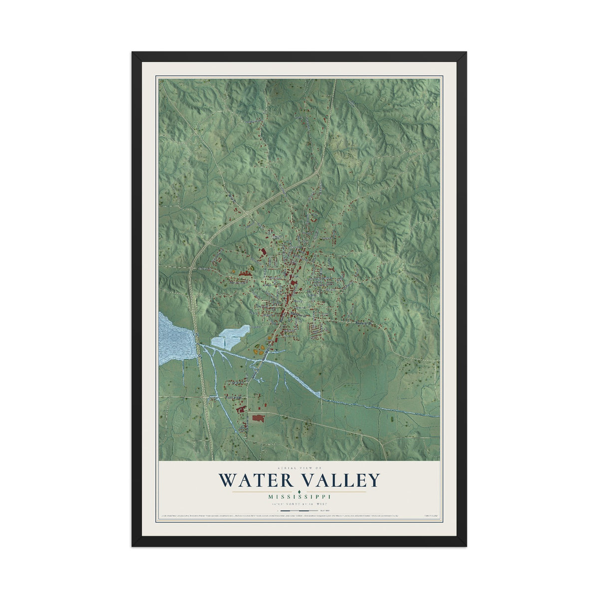 Map of Water Valley, Mississippi, 12 x 18 inch print in a black wood frame