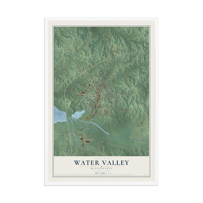 Map of Water Valley, Mississippi, 12 x 18 inch print in a white wood frame