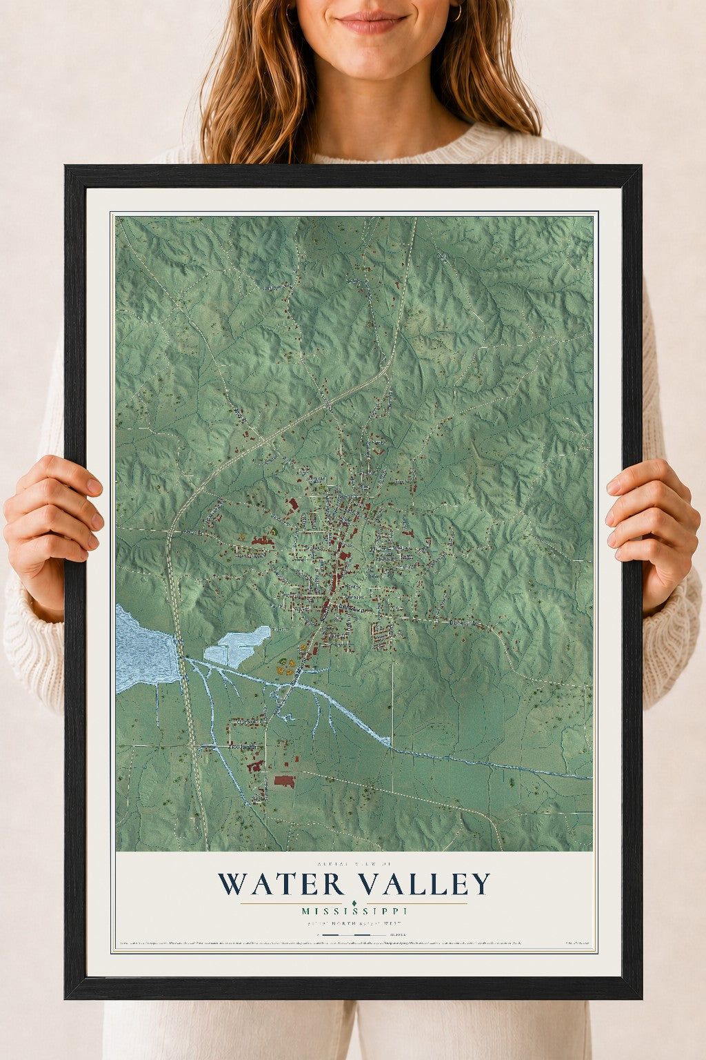 Map of Water Valley, Mississippi, 18 x 24 inch print in a black wood frame