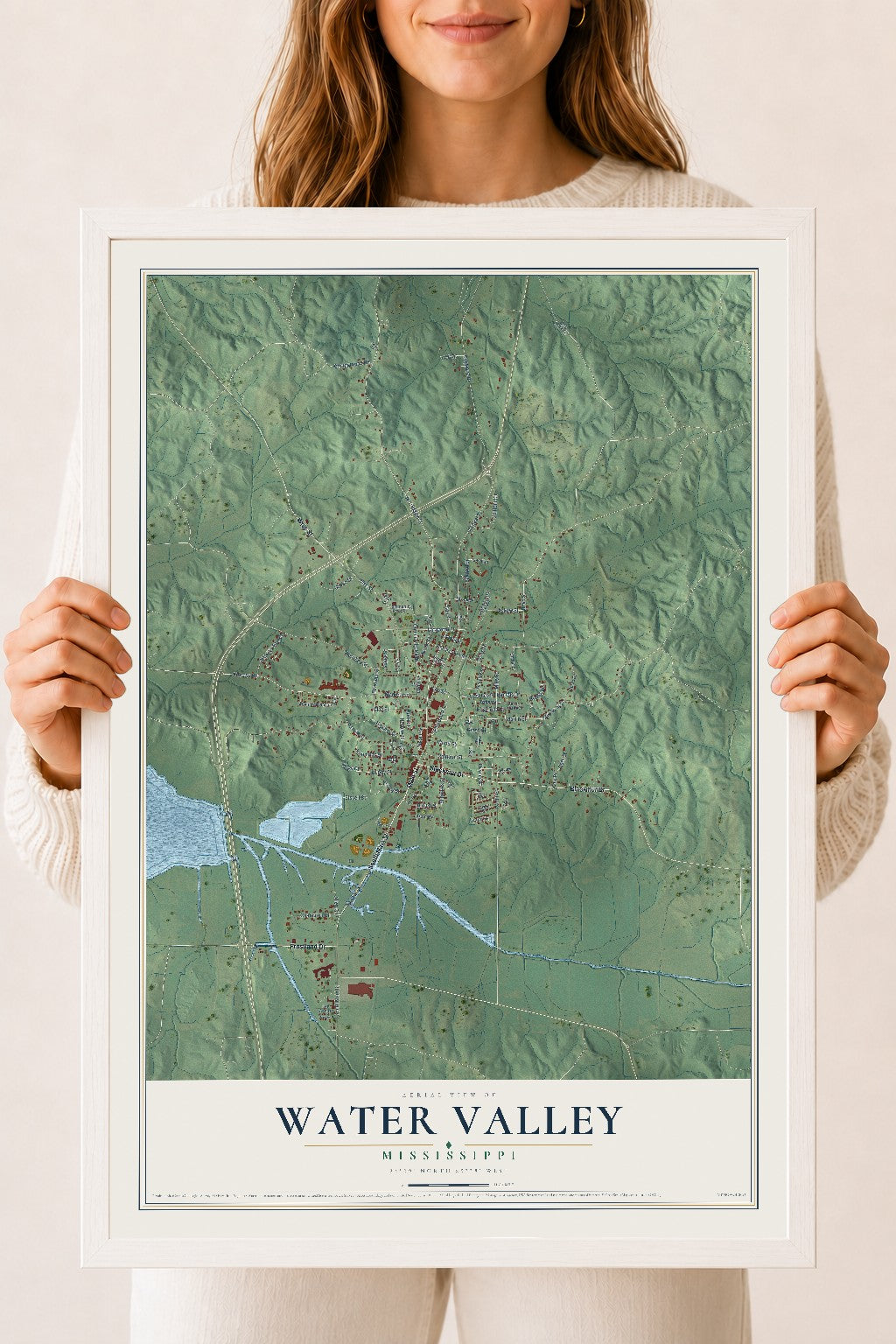 Map of Water Valley, Mississippi, 18 x 24 inch print in a white wood frame