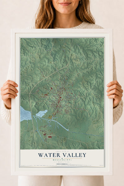 Map of Water Valley, Mississippi, 18 x 24 inch print in a white wood frame