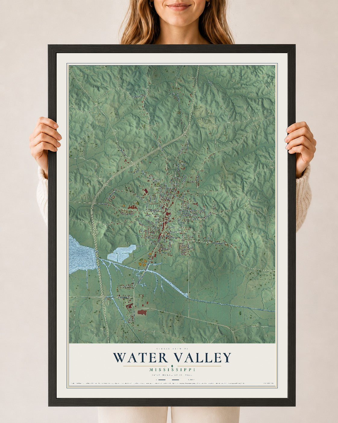 Map of Water Valley, Mississippi, 24 x 36 inch print in a black wood frame
