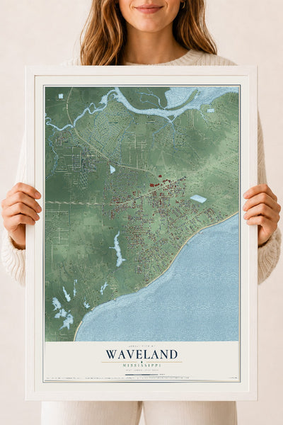 Map of Waveland, Mississippi, 18 x 24 inch print in a white wood frame