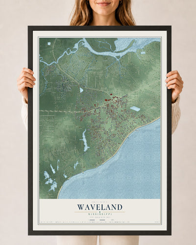 Map of Waveland, Mississippi, 24 x 36 inch print in a black wood frame