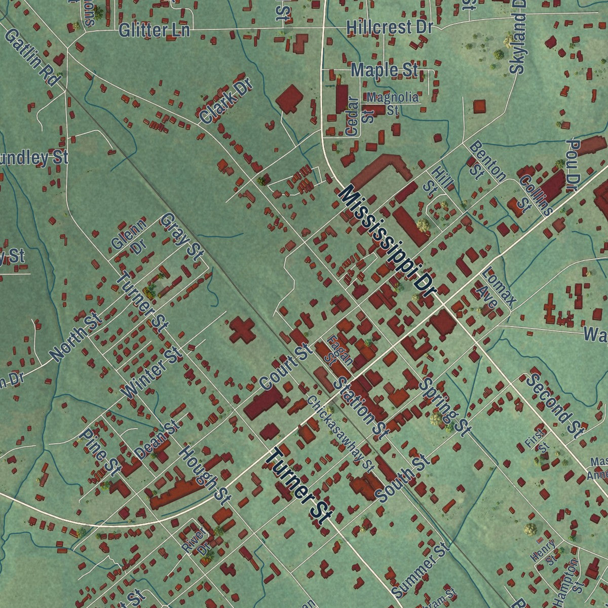 Close-up of the map of Waynesboro, Mississippi print showing street and building detail