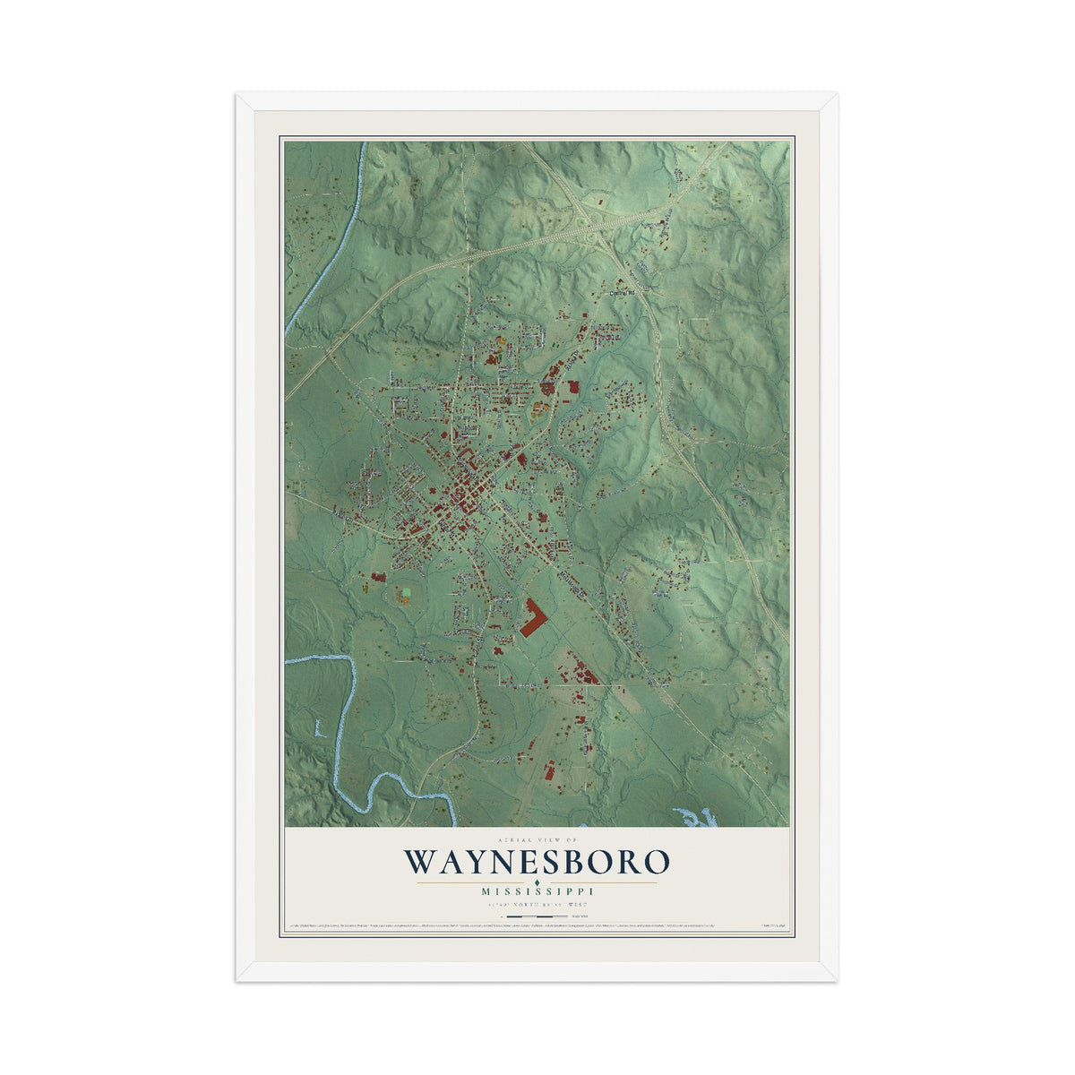 Map of Waynesboro, Mississippi, 12 x 18 inch print in a white wood frame