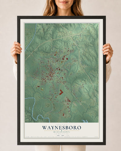 Map of Waynesboro, Mississippi, 24 x 36 inch print in a black wood frame