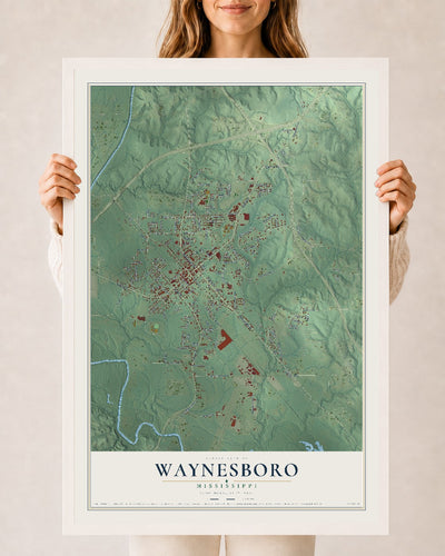 Map of Waynesboro, Mississippi, 24 x 36 inch print in a white wood frame